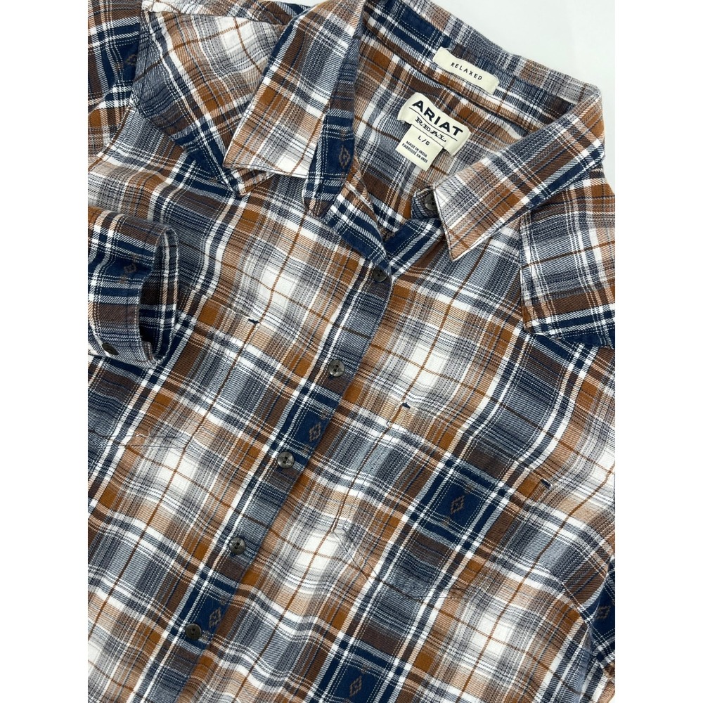 Ariat REAL Relaxed Plaid Western Button Down Shirt Navy Brown Women Size Large